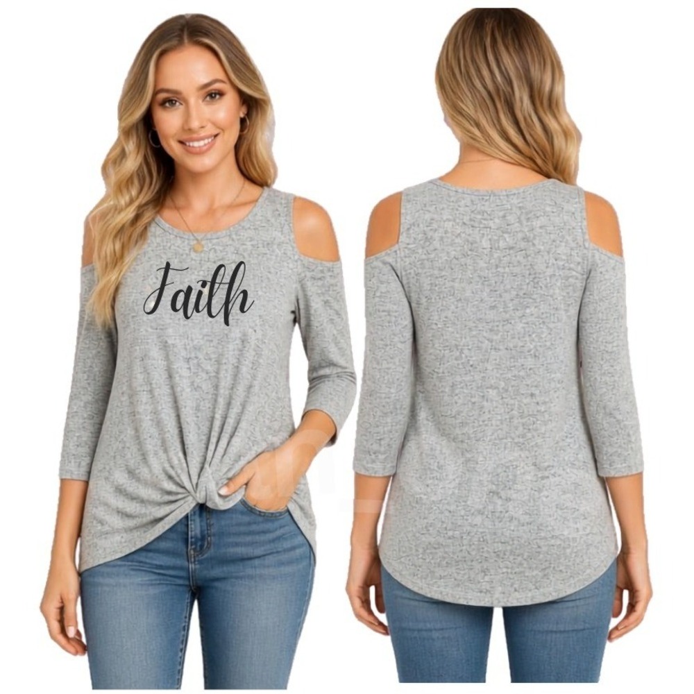 Ava James Womens Cold Shoulder 3/4 Sleeve Knot Front Knit Blouse Gray Medium NWT